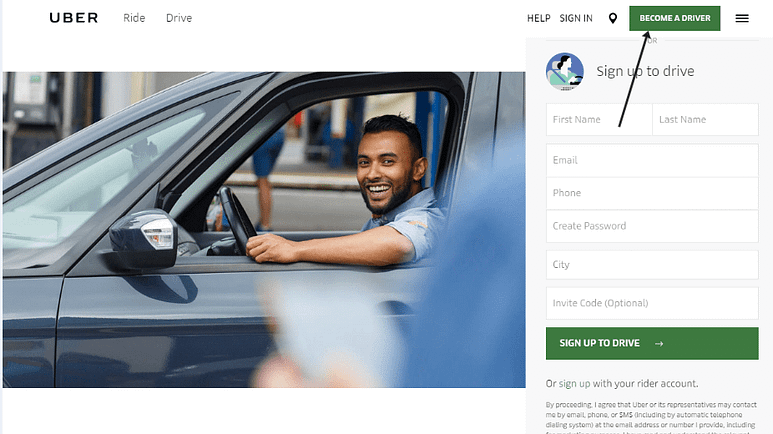 Uber Driver Account Sign Up Page