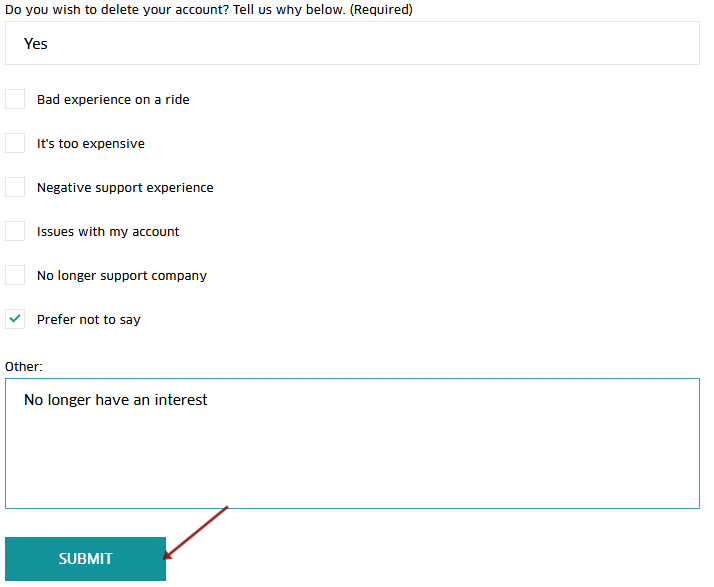 Uber Delete Account Confirmation Page