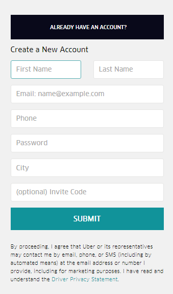 Uber Driver Account Information Submit Page